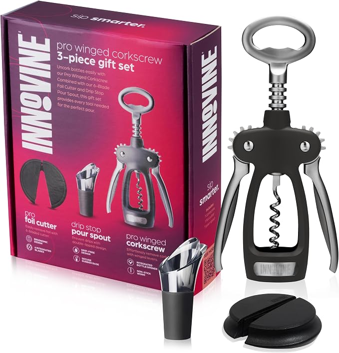 Innovine Pro Winged Corkscrew 3-Piece Wine Gift Set – Winged Corkscrew, 6-Blade Foil Cutter & Drip Stop Pour Spout – Easy Cork Removal, Foil Cutting, Drip-Free Pouring – Ideal for Home Bar & Gifting