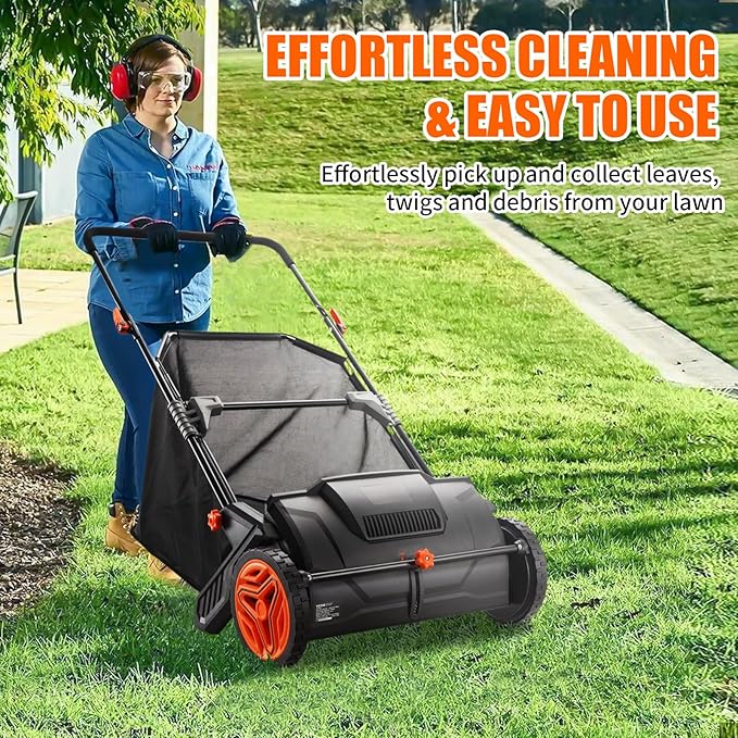 Push Lawn Sweeper, 21-inch Leaf & Grass Collector, Strong Rubber Wheels & Heavy Duty Thickened Steel Durable to Use with Large Capacity 3.5 cu. ft. Mesh Collection Hopper Bag, 2 Spinning Brushes
