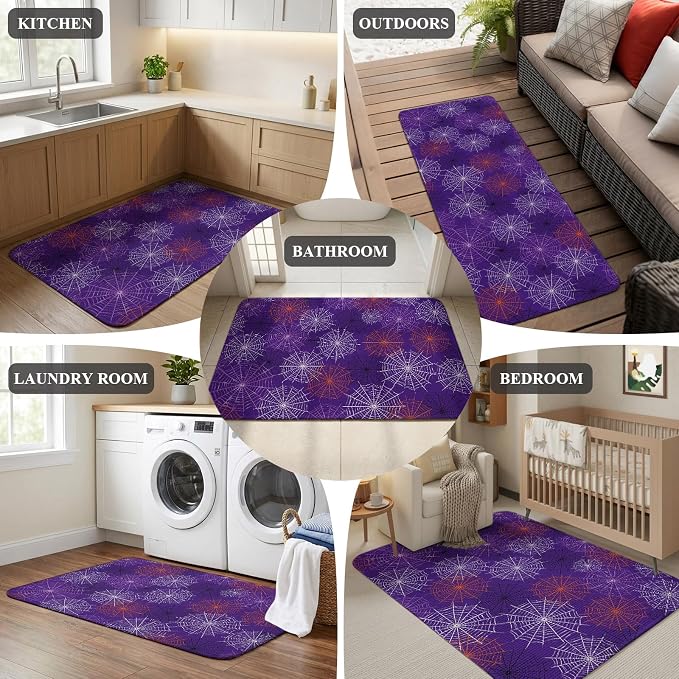 Purple Halloween Washable Area Rugs for Living Room Bedroom, Large Non Slip Indoor Floor Carpet Absorbent Low Pile Red Black White Net Halloween Door Mat Rugs for Bathroom Entryway 63"x90.6"