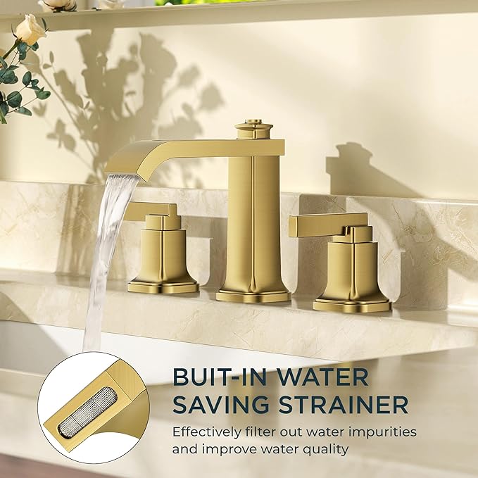 FORIOUS 3 Hole Gold Sink Bathroom Faucet for Vanity with Metal Pop Up Drain, 8 Inch Widespread Bathroom Faucets 2-Handle, Elegant Mordern Waterfall Design