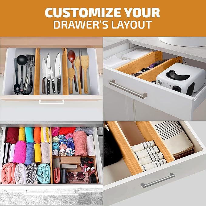 6 Pack Bamboo Drawer Dividers - 6 Inch High for Deep Drawers, Adjustable 11.5 to 17 Inch Expandable Kitchen Drawer Organizer, Spring Loaded Dresser Separator for Clothes, Bedroom, Bathroom, Office