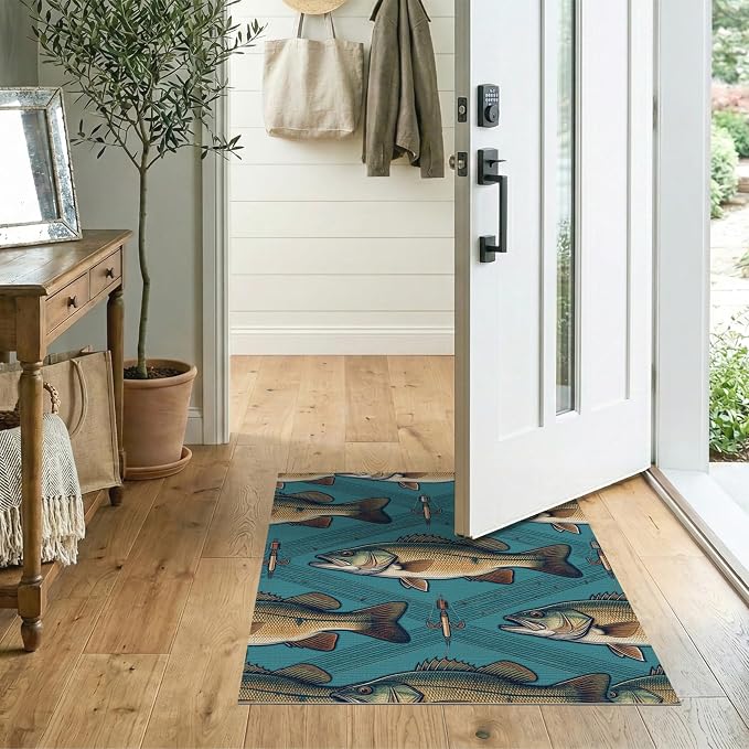 2'x3' Washable Area Rug Bass Trophy Catch Vintage Lure Spotted Tackle Motif Fish Fishing Refined Non-Slip Low Profile for Hallway, Study Room, Playroom