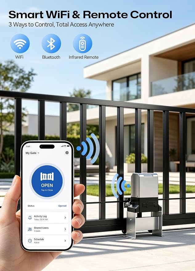 4000lb Heavy Duty Sliding Gate Opener Kit, 750W Automatic Chain Drive Gate Operator with 2 Remotes & 20ft Chain, 110V Motor with IR Sensor, WiFi Bluetooth Control for 40ft Driveway Gates