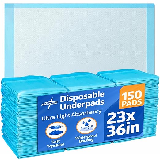 Medline Light Absorbency Underpad, 23" x 36", 50 Count, Disposable Bed, Furniture & Surface Protection, For Kids, Adults, Elderly, Puppy Pad, Changing Pad, Incontinence Pee Pad, Chucks