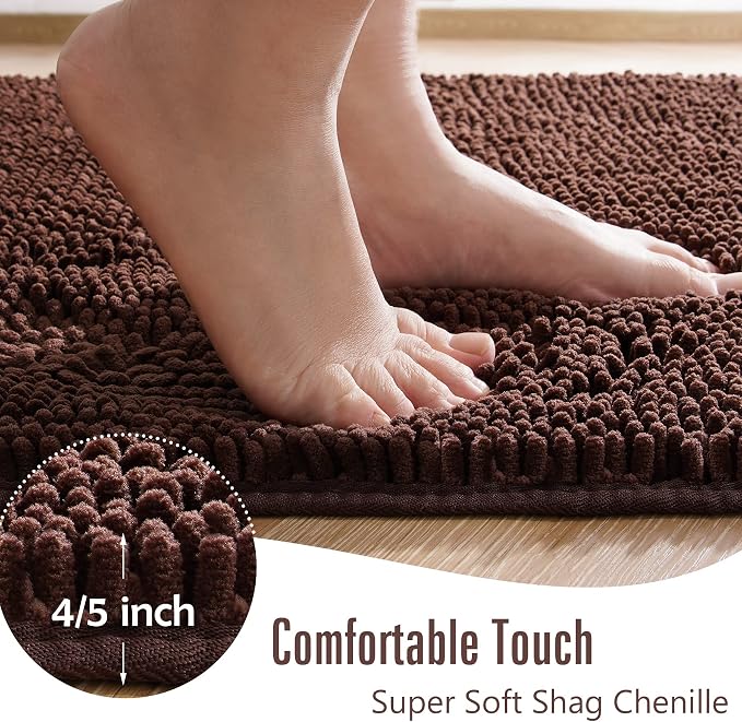 LOCHAS Luxury Bathroom Rug Shaggy Bath Mat 24 x 70 Inch, Brown | Washable Non Slip Bath Rugs for Bathroom Shower, Soft Plush Chenille Absorbent Carpets