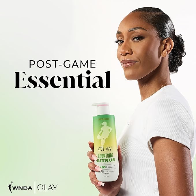 Olay Body Wash for Women, WNBA, Intensely Hydrating, Hyaluronic Acid Serum, Hydration On/Off Court, Improves Moisture Barrier, Vitamin B3 Complex, All Skin Types, Courtside Citrus Scent, 20 fl oz