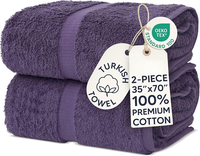Chakir Turkish Linens 2 Piece Large Bath Sheets, 100% Cotton Luxury Turkish Towels for Bathroom, Soft Absorbent Oversized Bath Towels, 35 x 70 Inches, Plum