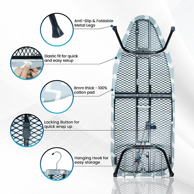Metal Mesh Panel Tabletop Ironing Board | Foldable Iron Board | Heavy Duty Small Iron Board with Heat Resistant Cover and 100% Cotton 8mm Thicken Pad (Elegant Wave)