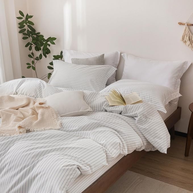Stripe Linen Feel Duvet Cover King Size 104inch x 90inch,100% Washed Cotton Duvet Cover with Zipper Closure and 2 Pillowcases, Stripe of White-Cornflower Blue