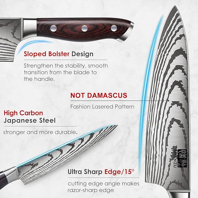 SHAN ZU Japanese Chef Knife Set 5 PCS, High Carbon Stainless Steel | Ultra Sharp Kitchen Knives for cooking, Professional Chef Knife Set with Ergonomic Pakkawood Handle