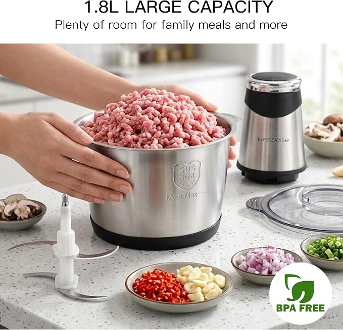 MEGAWISE Food Processor, 800W Electric Meat Grinder, 1.8L Stainless Steel Bowl & 1.8L Glass Bowl, Dual Speed Modes for Meat, Onion, Vegetables, Nuts, Fruits, Baby Food
