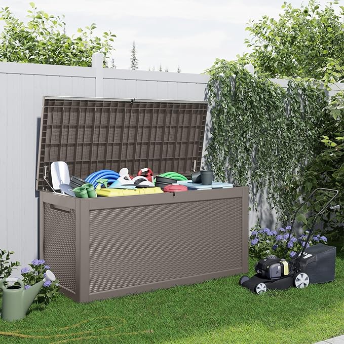 DRATO 320 Gallon Deck Boxes Outdoor Waterproof, Lockable Outdoor Storage Box for Patio Furniture Pool Supplies Garden Tools, Weatherproof Resin Storage Box for Backyard (Grey, 320 Gallon)