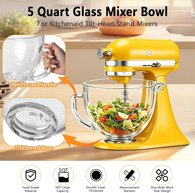 5QT Glass Mixing Bowl for KitchenAid 4.5-5 Quart Tilt-Head Stand Mixers | Double-Layer Thickened Mixing Bowl Replacement for Kitchen aid with Measurement Markings Pour Spout & Handle, Dishwasher Safe