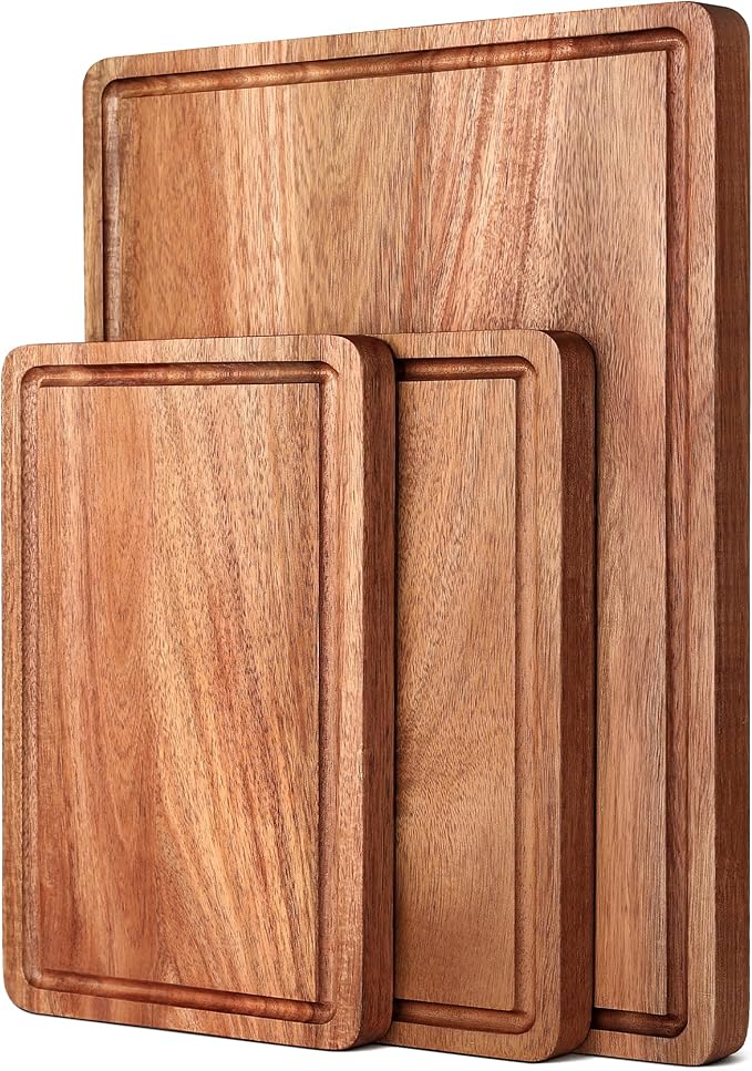 Acacia Wood Cutting Boards Set 3-Piece with Juice Groove & Handles | Charcuterie Chopping Board for Kitchen Meat Cheese Fruits Vegetables Heavy Duty Slip Solid Thick Gift
