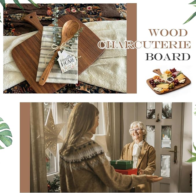 Nuenen Wood Cutting Board with Handle 12x11x0.47 Inch Acacia Bamboo Wooden Serving Kitchen Chopping Boards for Pizza, Bread, Cheese, Charcuterie, Fruit, Vegetables(1 Pcs, Acacia)