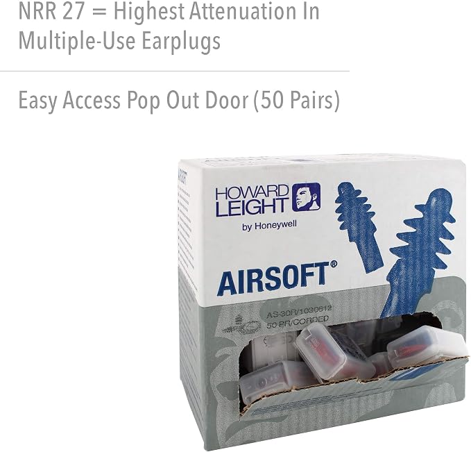 Howard Leight by Honeywell Airsoft Flanged Corded Reusable Earplugs with Reusable Case, 50-Pairs (AS-30R)