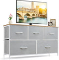 5-Drawer Dresser for Bedroom, Anti-Tip Wide Storage Organizer Fabric Chest of Drawers TV Stand for 45" TV with Wooden Top and Metal Frame for Closet, Living Room, Hallway, Entryway, Light Gray