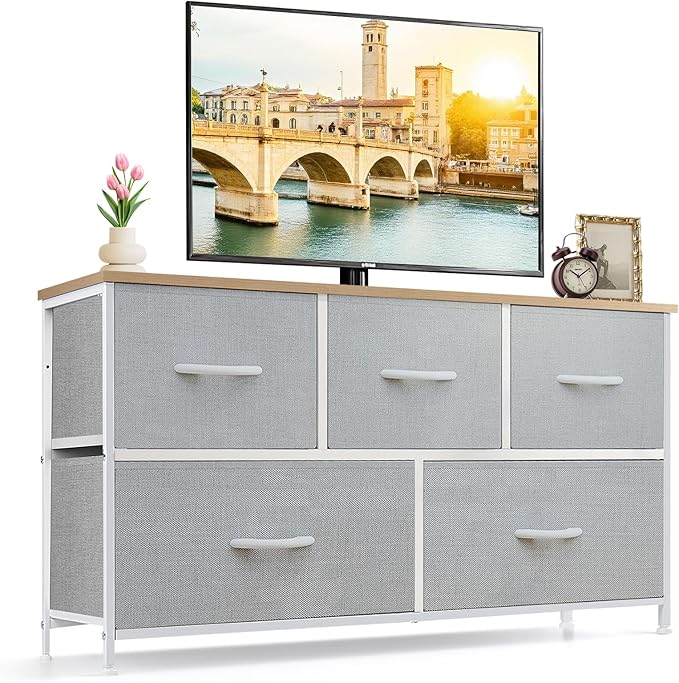 5-Drawer Dresser for Bedroom, Anti-Tip Wide Storage Organizer Fabric Chest of Drawers TV Stand for 45" TV with Wooden Top and Metal Frame for Closet, Living Room, Hallway, Entryway, Light Gray