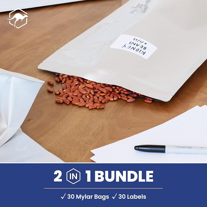 Wallaby 30 Count 2.5-Gallon Gusset Mylar Bags with Labels, 15 Mil Total Thickness Long-Term Food Storage Pouches, 18x12 Stand-Up Zipper Heat-Sealable Airtight Packaging - Silver
