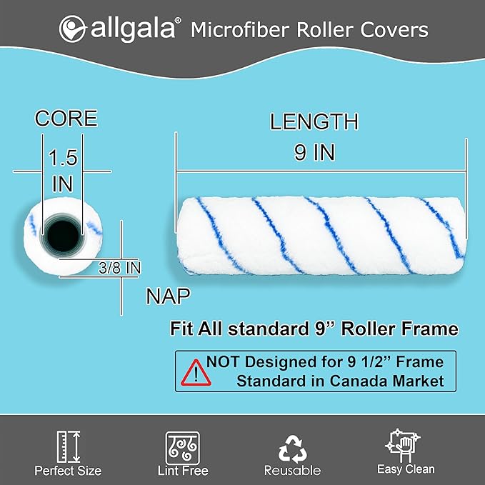 Allgala Paint Rollers 9 inch 3/8 Nap 12 Pack Shedless Lint Free Microfiber Paint Roller Covers for Paint Roller Kit House Painting Project