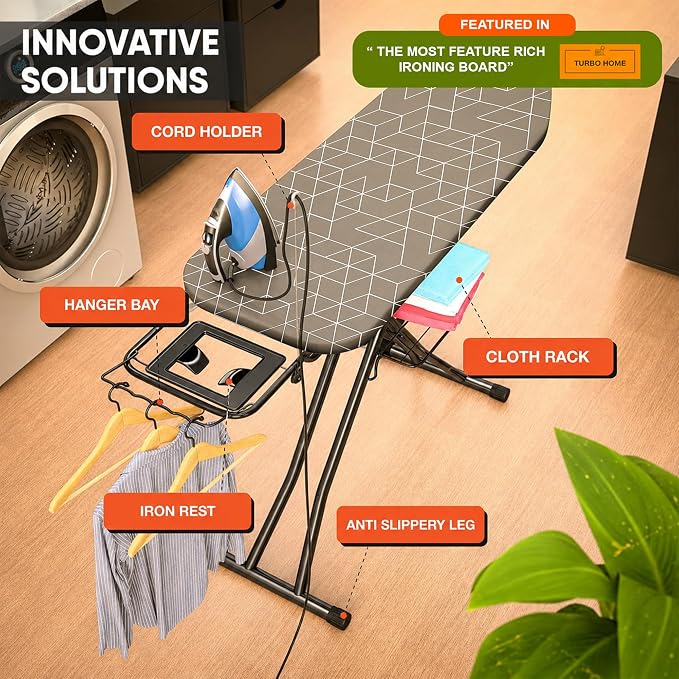 Ironing Board 43" x 13" Foldable with Wall Hanger, Full Size | Heavy Duty, Height adjustable, full-metal frame, heat-resistant cover, iron rest, anti-slip feet