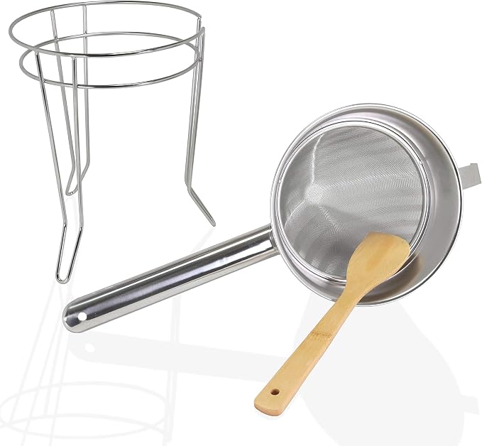 Anchy Premium 8" Chinois Fine Mesh Strainer Set with Stand & Bamboo Spatula – 18/8 Stainless Steel China Cap Cone Sieve, Professional Bouillon Strainer for Sauces, Soups, Broth, Stock, Jelly & Purees