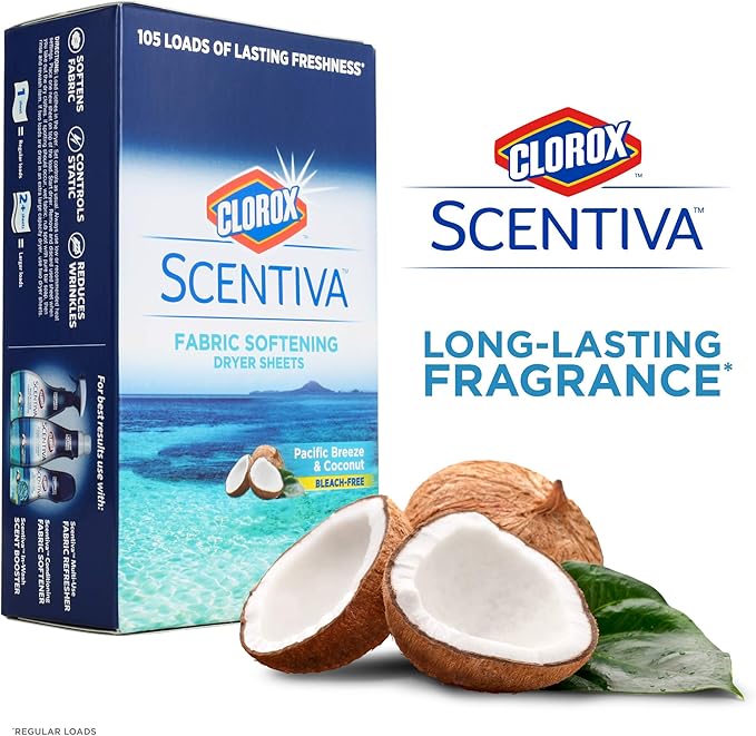 Clorox Scentiva Fabric Softener Dryer Sheets, Pacific Breeze & Coconut Scent - Wrinkle Reducing Scented Softening Laundry Dryer Sheets for Great Smelling Clothes, 105 Count