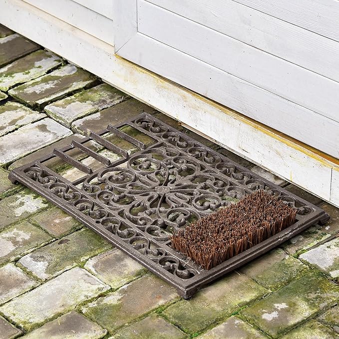 Sungmor Outdoor Cast Iron Doormat, Vintage Boot Scraper with Brushes, Rustic Brown Rectangle Shoe Scraper Mat, 22.8" Heavy Duty Decorative Shoe Cleaning Mat for Front Door, Entrance, Garden