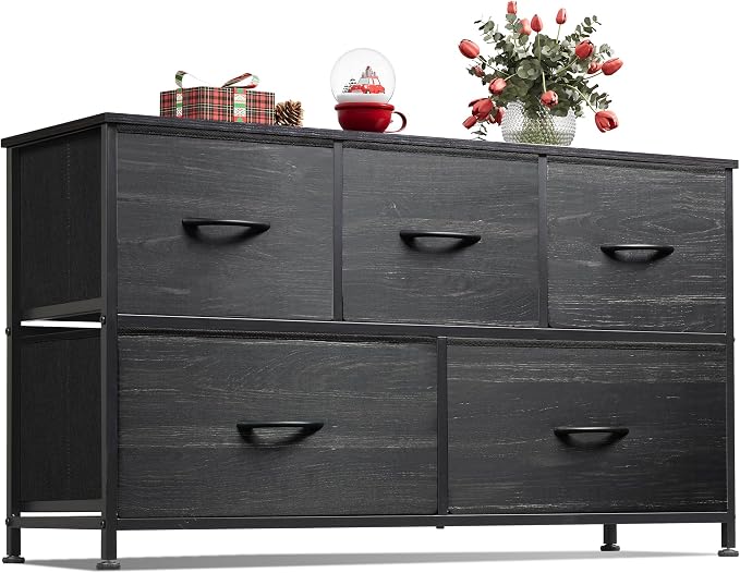 WLIVE Wide Dresser for Bedroom, 5 Drawer Chest of Drawers, Black Wood Grain | 5 roomy fabric drawers, Wide storage design, Bedroom or closet use, Sturdy steel frame, Smooth wood tabletop