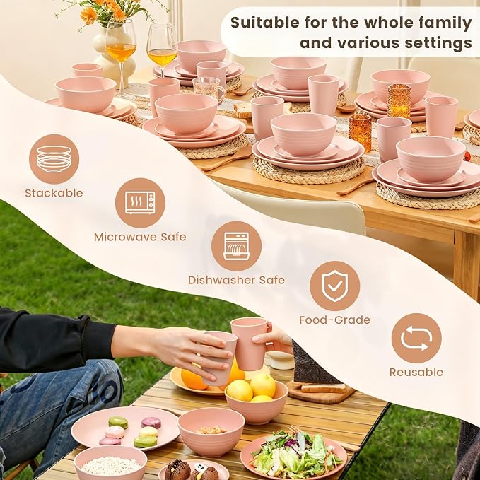 Homienly 40 PCS Premium Wheat Straw Dinnerware Sets, Unbreakable Dishes Set for Party, Resuable Plates Set,Service for 8,Microwave and Dishwasher Safe Cups and Bowls Set for Camping, RV（Pink）