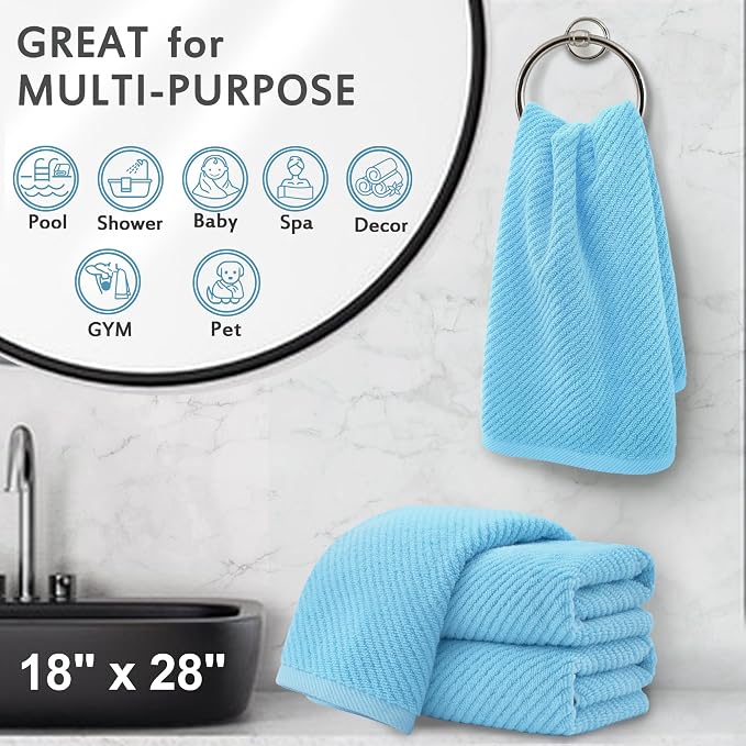 VOOVA & MOVAS Bathroom Hand Towels 4PC, 100% Cotton, 18x28 in, Blue | Thick, Quick Dry, Soft, Absorbent, Bathroom Essentials, Suitable For Shower, Spa, Household Use