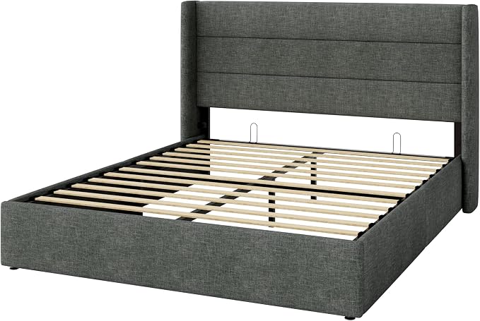 Allewie Full Size Lift Up Hydraulic Storage Bed Frame Dark Grey | Modern Wingback Headboard, Hydraulic Support Storage, No Box Spring Needed