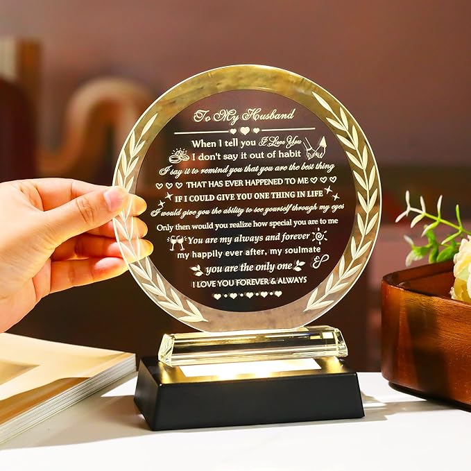 YWHL Gifts for Husband from Wife with Colorful LED Base Anniversary Birthday Husband Gifts Ideas to My Husband Crystal keepsake Best I Love You Gift for Him on Valentine's Day Fathers Day Christmas