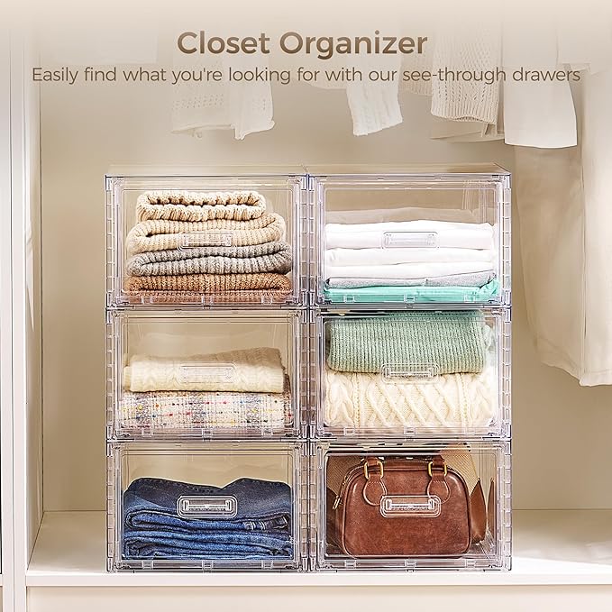 Vtopmart 9 Pack Clear Stackable Storage Drawers 15QT,Easily Assemble Closet Organizers,Plastic Storage Bins for Bathroom,Cabinet,Kitchen Pantry,Under Sink Organization(Medium)