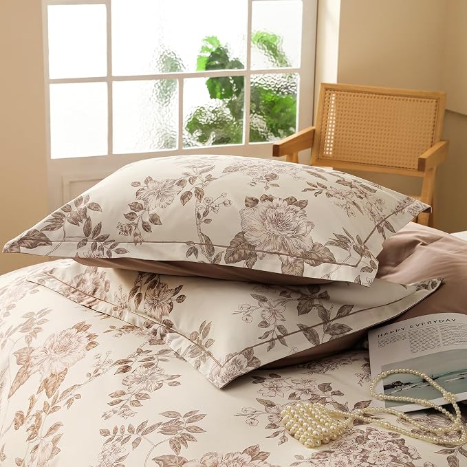 Duvet Cover Set King Size Floral Pattern 600 Thread Count Ultra Soft 100% Long Staple Cotton Duvet Cover Sets 3-PC, Breathable Duvet Cover with Zipper Closure & Corner Ties