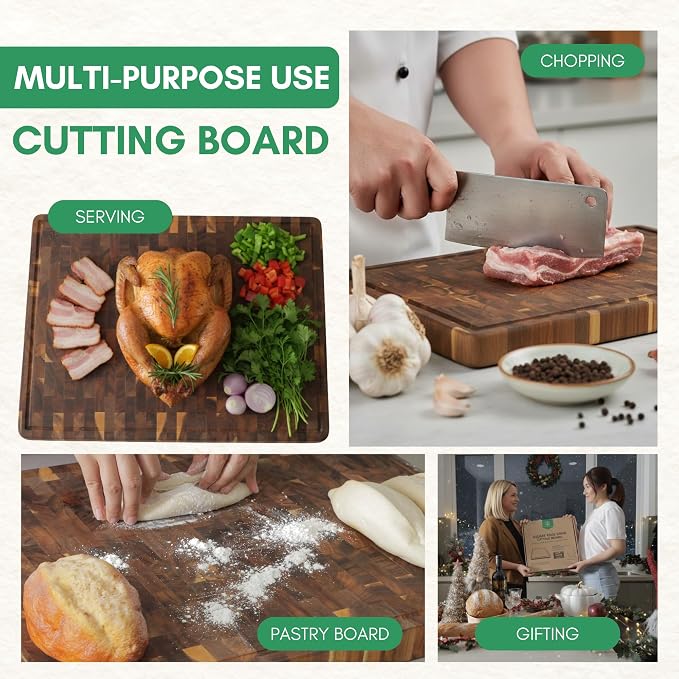 End Grain Acacia Wood Cutting Boards for Kitchen, 1.5 in Thick Butcher Block Construction for Stability, 17 x 13 in Large Cutting Boards with Gift Box, Juice Groove and Handle