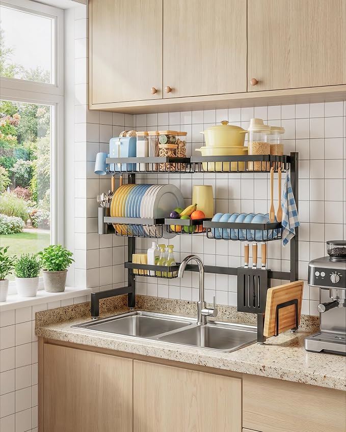 Sakugi Dish Drying Rack Over The Sink, Dish Drainer for Kitchen Counter | Stainless Steel Storage Organizer with Utensil Knife Holder & Hooks, Adjustable 11.8"Dx31.5"~39"Wx30"H, Black