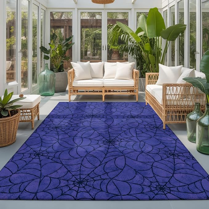 Large Area Rug 8'x10', Navy Blue Halloween Washable Rectangular Area Rugs for Bedroom Living Room Office, Black Spiders Net Classic Gingham Non Slip Kitchen Rug Mats Indoor Floor Accent Throw Carpet