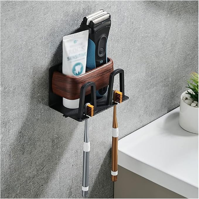 Toothbrush Rack Wall Mounted Wood Grain Toothbrush Holder Multifunctional Storage Rack Bathroom Toothpaste Holder with Hook Accessories Bathroom Toothbrush Holder(Small)