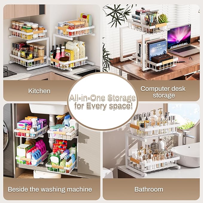 ADBIU Under Sink Organizer 2 Pack, Adjustable Height (11"-15.75") Under Cabinet Storage, 2 Tier Pull Out Sliding Drawers for Kitchen Bathroom, Heavy Duty Metal Shelf, White