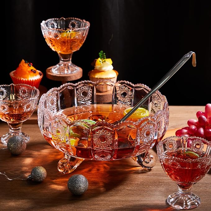 LemonRoad Crystal Glass Punch Bowl Set 1 Large Glass Punch Bowl with Ladle and 4 Cups for Party Wedding Serveware Centerpiece Table Decoration 9.5" x 5.5"(Vintage Style)