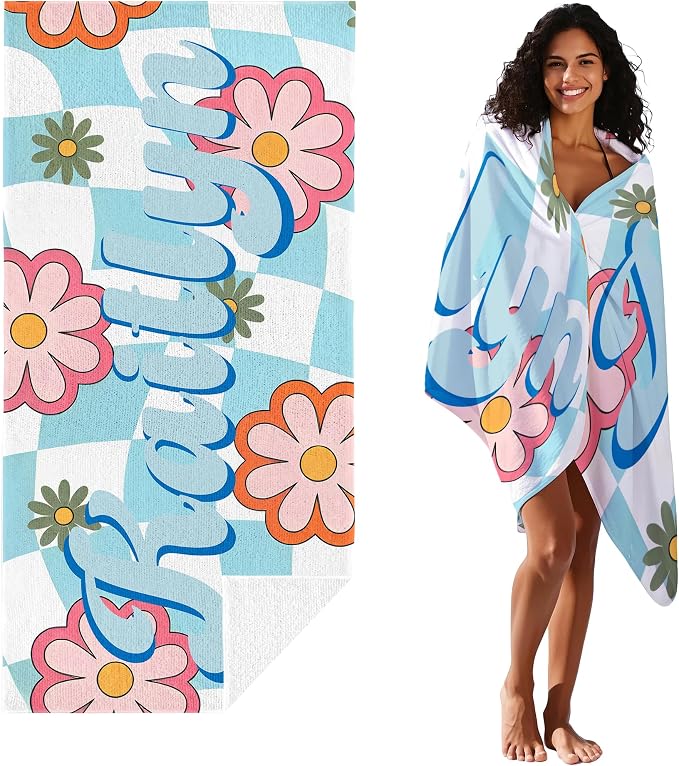 JML Personalized Beach Towel with Name, Custom Flower Beach Towel, Customized Microfiber Pool Towel, Quick Dry & Absorbent Swim Towel for Adult,Anniversary, Birthday, Summer Holiday,Vacation