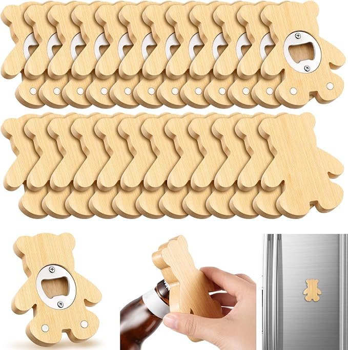 Vesici 24 Pcs Magnetic Bottle Opener 2.5" DIY Bamboo Bear Shape Baby Shower Bottle Opener Favors Wooden Beer Openers Fridge Refrigerator Magnet Gift for Baby Shower Guests Wedding Party Souvenirs