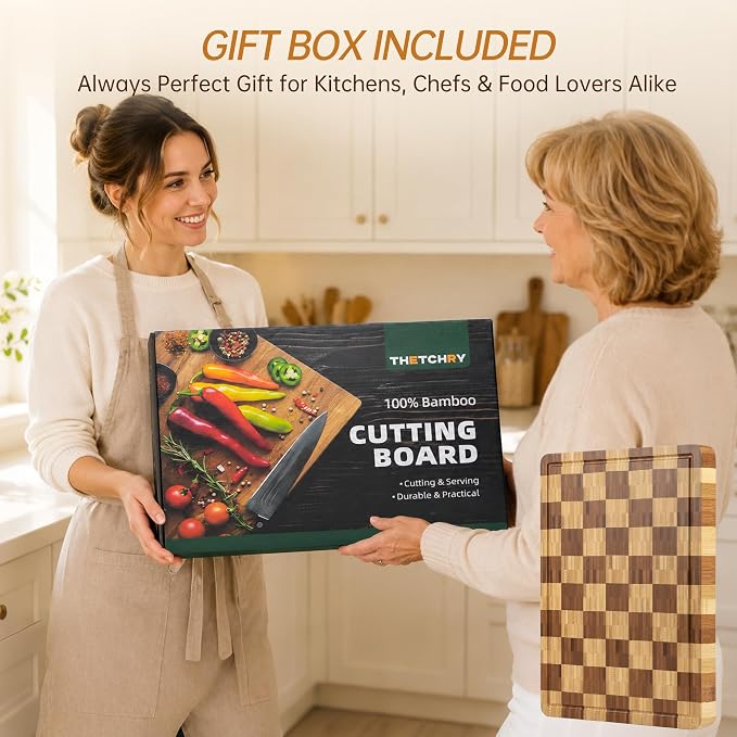 Bamboo Cutting Boards for Kitchen, End Grain Wood Cutting Board with Juice Grooves & Handles, Charcuterie Checkered Chopping Board Thick Butcher Block Serving Tray with Gift Box, 16.5"×11.6"× 1"