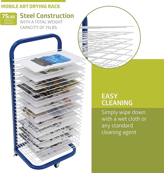 Pearington 25-Shelf Mobile/Wall Mountable Art Drying Rack for Art Studios & Classrooms, 13" D x 17.5" W x 39.4" H, Blue/White