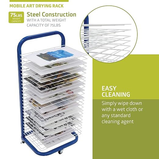 Pearington 25-Shelf Mobile/Wall Mountable Art Drying Rack for Art Studios & Classrooms, 13" D x 17.5" W x 39.4" H, Blue/White, 2-Pack