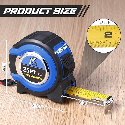 Youyole 2 Pack Tape Measure with Fractions 25 ft x 1 in 1/8 Steel Measuring Tape Retractable Easy Read Measurement Ruler Steel Power Blade