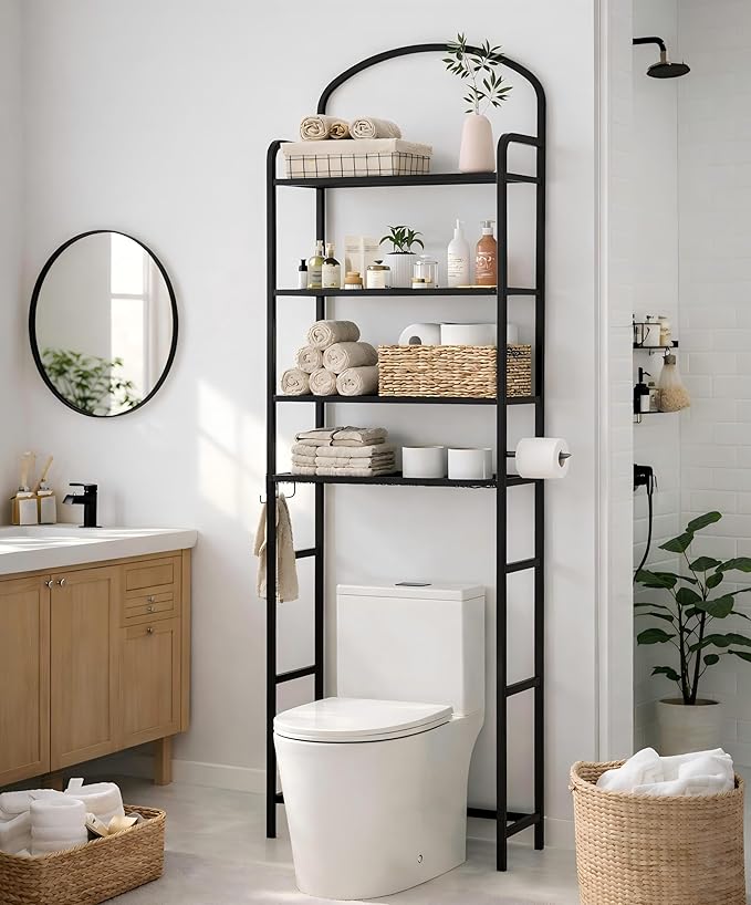 4-Tier Over The Toilet Storage, Bathroom Organizer, Space-Saving, 72" H Above Toilet Storage Rack with 4 Hooks and Paper Holder, Metal Shelf, Black