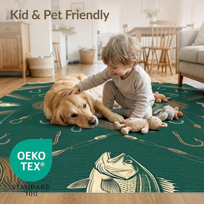 4'x6' Washable Area Rug Vintage Bass Tackle Symmetry Lure Motif Border Angler Fish Fishing Refined for Playroom, Bedroom, Reading Nook, Pet Friendly & Non-Slip