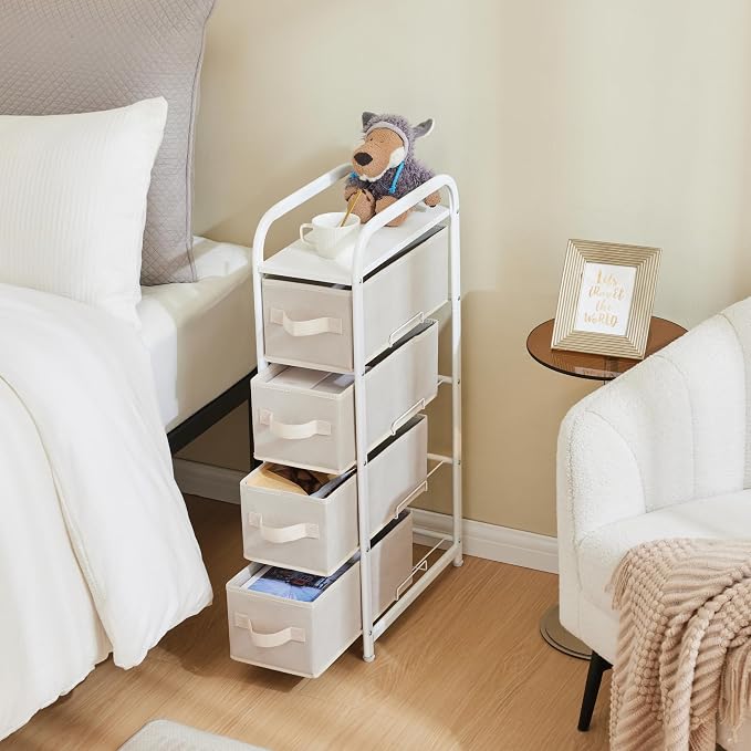 MAX Houser 4 Drawer Narrow Dresser Fabric Storage Tower Vertical Slim Storage Chest Organizer Nightstand Side/End Table Small Standing Organizer Removable Drawers Wood Top for Bedroom, Bathroom(Beige)